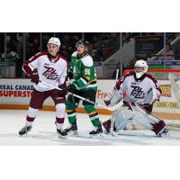 Peterborough Petes goaltender Easton Rye and defenceman Grayden Strohack vs. the London Knights