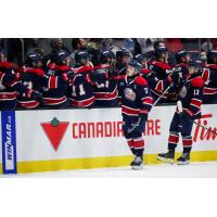 Saginaw Spirit exchange congratulations along the bench