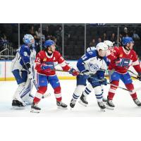 Syracuse Crunch goaltender Brandon Halverson and defender Derrick Pouliot vs. the Laval Rocket