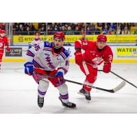 Kitchener Rangers' Chris Grisolia and Soo Greyhounds' Keegan Gillen in action