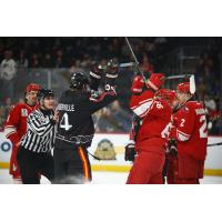 Indy Fuel's Ethan Manderville and Allen Americans' Artyom Kulakov and Quinn Warmuth on game night